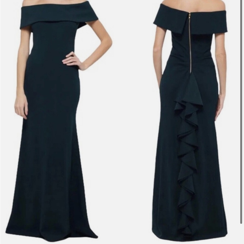 Betsy & Adam Off The Shoulder Pine Green Ruffle Bow Back Gown Size 10
